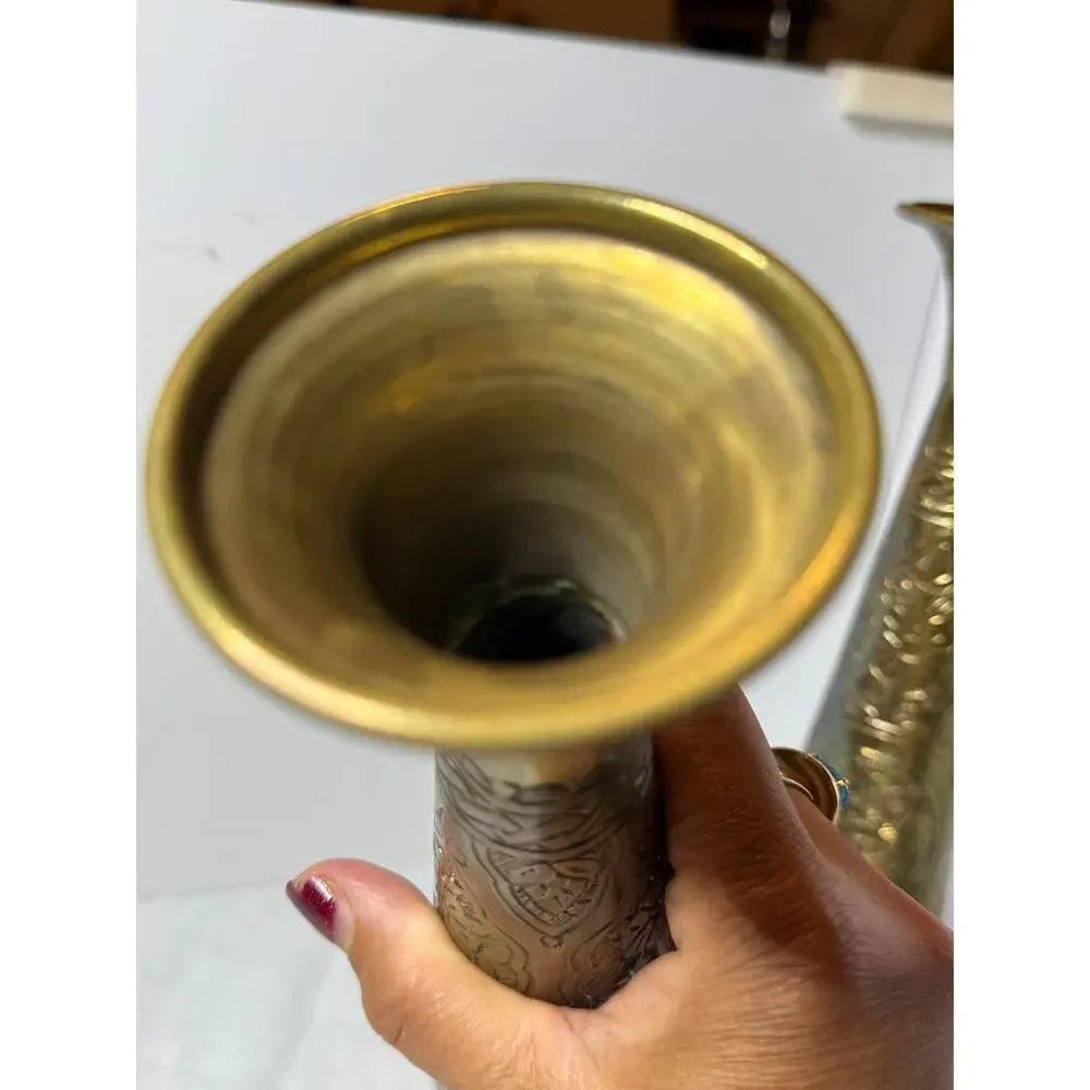 Vintage Brass Engraved Vases Set of 2 Arabic Motif Etched Brass Bud Vases 10” 11